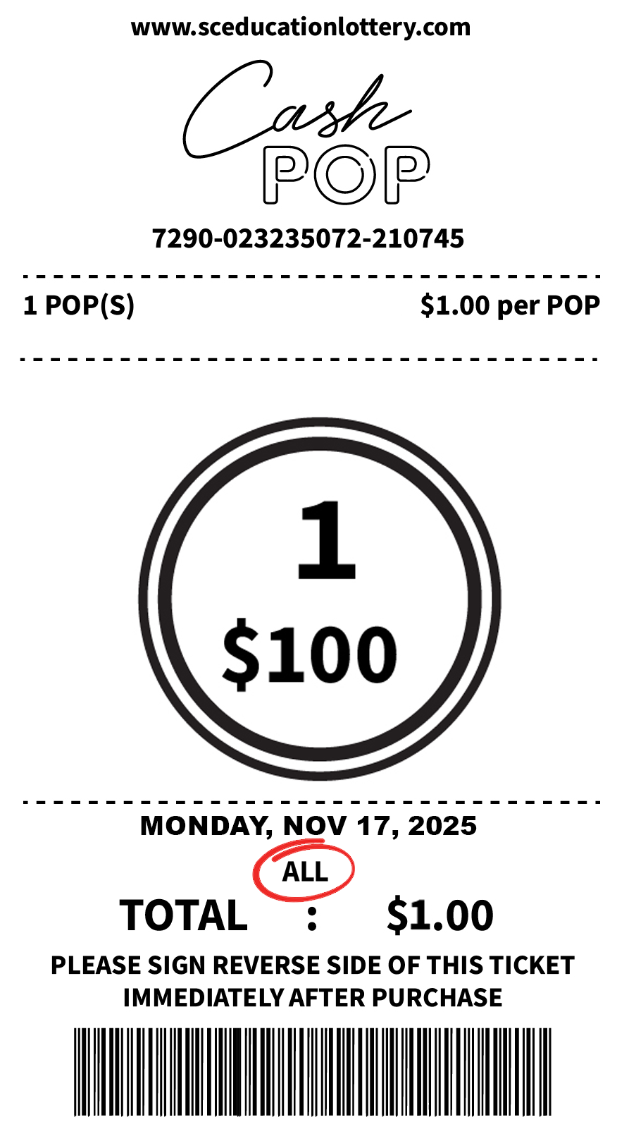 CASH POP Ticket Example